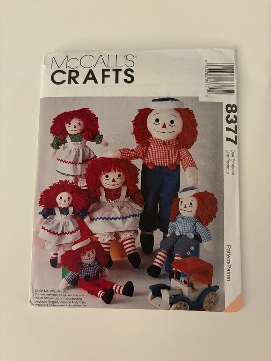 McCalls 8377 1988 Pattern Raggedy Ann & Andy Rag Dolls 10" 15" 20" 25" New Uncut - Picture 1 of 1